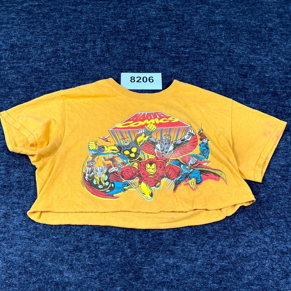 Marvel Crop T Shirt Womens Small Yellow Avengers Comics Graphic Cotton Crew Neck